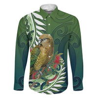 New Zealand Kea Bird Family Matching Summer Maxi Dress and Hawaiian Shirt With Maori Koru Fern LT05 Dad's Shirt - Long Sleeve Green - Polynesian Pride