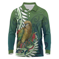New Zealand Kea Bird Long Sleeve Polo Shirt With Maori Koru Fern - Polynesian Pride
