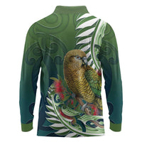 New Zealand Kea Bird Long Sleeve Polo Shirt With Maori Koru Fern - Polynesian Pride