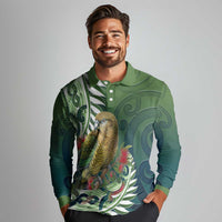 New Zealand Kea Bird Long Sleeve Polo Shirt With Maori Koru Fern - Polynesian Pride