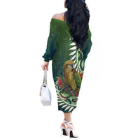 New Zealand Kea Bird Off The Shoulder Long Sleeve Dress With Maori Koru Fern - Polynesian Pride