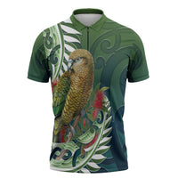 New Zealand Kea Bird Zipper Polo Shirt With Maori Koru Fern - Polynesian Pride