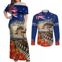 New Zealand ANZAC Day Couples Matching Off Shoulder Maxi Dress and Long Sleeve Button Shirt The Lonesome Pine With Soldier Fern LT05 Blue - Polynesian Pride