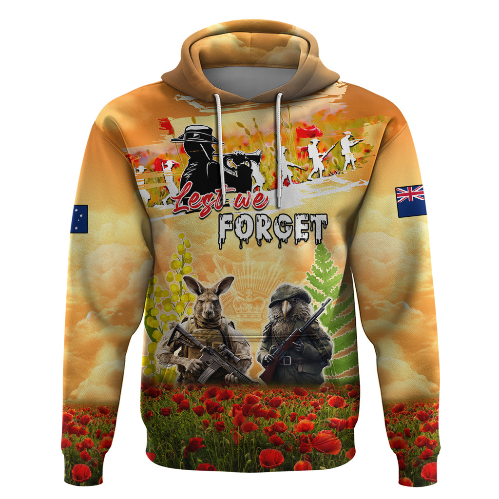 Australia And New Zealand ANZAC Day Hoodie Kangaroo And Kiwi Bird Soldiers Lest We Forget LT05 Pullover Hoodie Yellow - Polynesian Pride