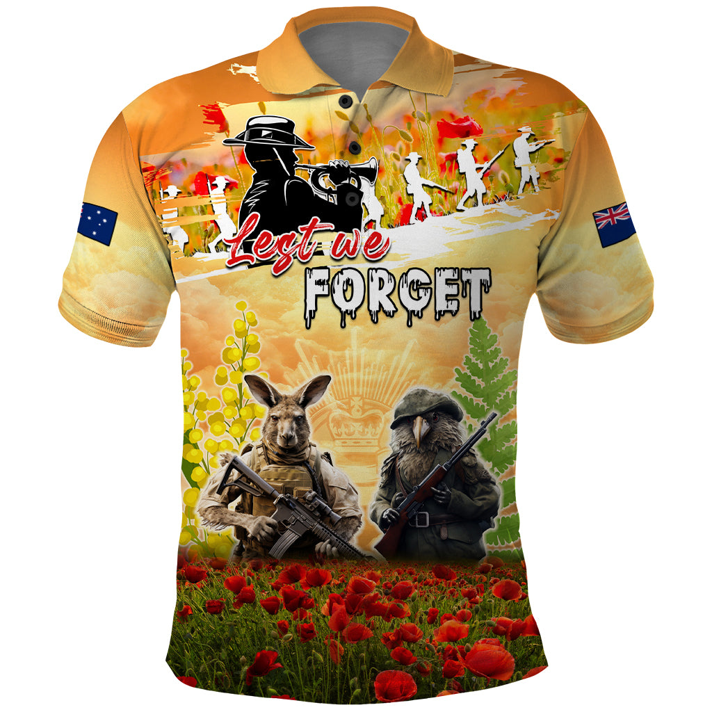 Australia And New Zealand ANZAC Day Polo Shirt Kangaroo And Kiwi Bird Soldiers Lest We Forget LT05 Yellow - Polynesian Pride