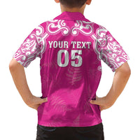 New Zealand Fern Women Rugby Custom Family Matching Off The Shoulder Long Sleeve Dress and Hawaiian Shirt Pink Maori Pattern