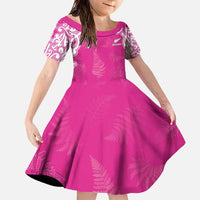 New Zealand Fern Women Rugby Custom Family Matching Off The Shoulder Long Sleeve Dress and Hawaiian Shirt Pink Maori Pattern