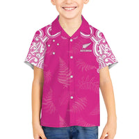 New Zealand Fern Women Rugby Custom Family Matching Off The Shoulder Long Sleeve Dress and Hawaiian Shirt Pink Maori Pattern