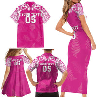 New Zealand Fern Women Rugby Custom Family Matching Short Sleeve Bodycon Dress and Hawaiian Shirt Pink Maori Pattern