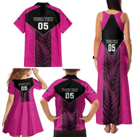 New Zealand Fern Rugby Custom Family Matching Tank Maxi Dress and Hawaiian Shirt Pink Maori Pattern
