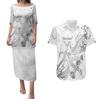 Personalised Brain Cancer Awareness Couples Matching Puletasi and Hawaiian Shirt Ribbon Polynesian Pattern