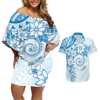 Polynesian Pattern With Plumeria Flowers Couples Matching Off Shoulder Short Dress and Hawaiian Shirt Blue LT05 Blue - Polynesian Pride