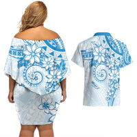 Polynesian Pattern With Plumeria Flowers Couples Matching Off Shoulder Short Dress and Hawaiian Shirt Blue LT05 - Polynesian Pride