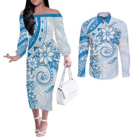 Polynesian Pattern With Plumeria Flowers Couples Matching Off The Shoulder Long Sleeve Dress and Long Sleeve Button Shirt Blue LT05 Blue - Polynesian Pride