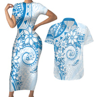 Polynesian Pattern With Plumeria Flowers Couples Matching Short Sleeve Bodycon Dress and Hawaiian Shirt Blue