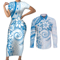 Polynesian Pattern With Plumeria Flowers Couples Matching Short Sleeve Bodycon Dress and Long Sleeve Button Shirt Blue