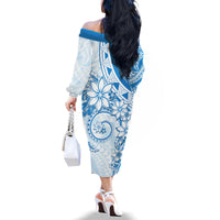Polynesian Pattern With Plumeria Flowers Family Matching Off The Shoulder Long Sleeve Dress and Hawaiian Shirt Blue