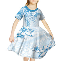 Polynesian Pattern With Plumeria Flowers Kid Short Sleeve Dress Blue