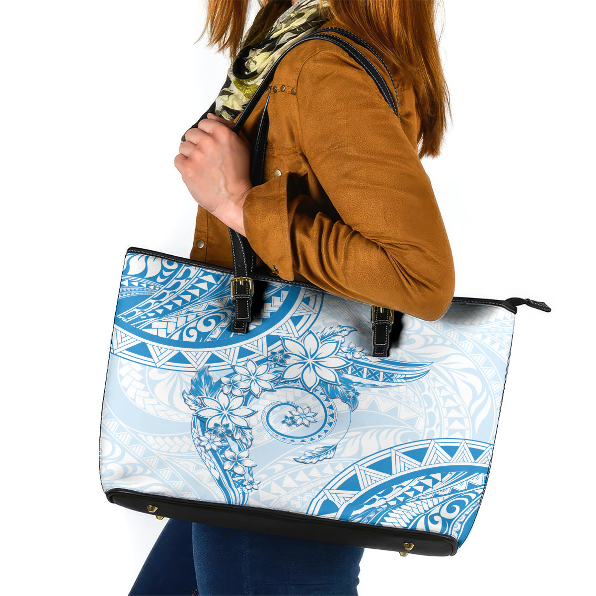 Polynesian Pattern With Plumeria Flowers Leather Tote Bag Blue