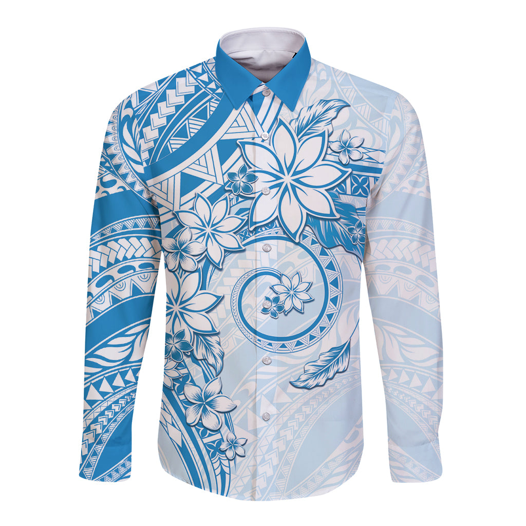 Polynesian Pattern With Plumeria Flowers Long Sleeve Button Shirt Blue