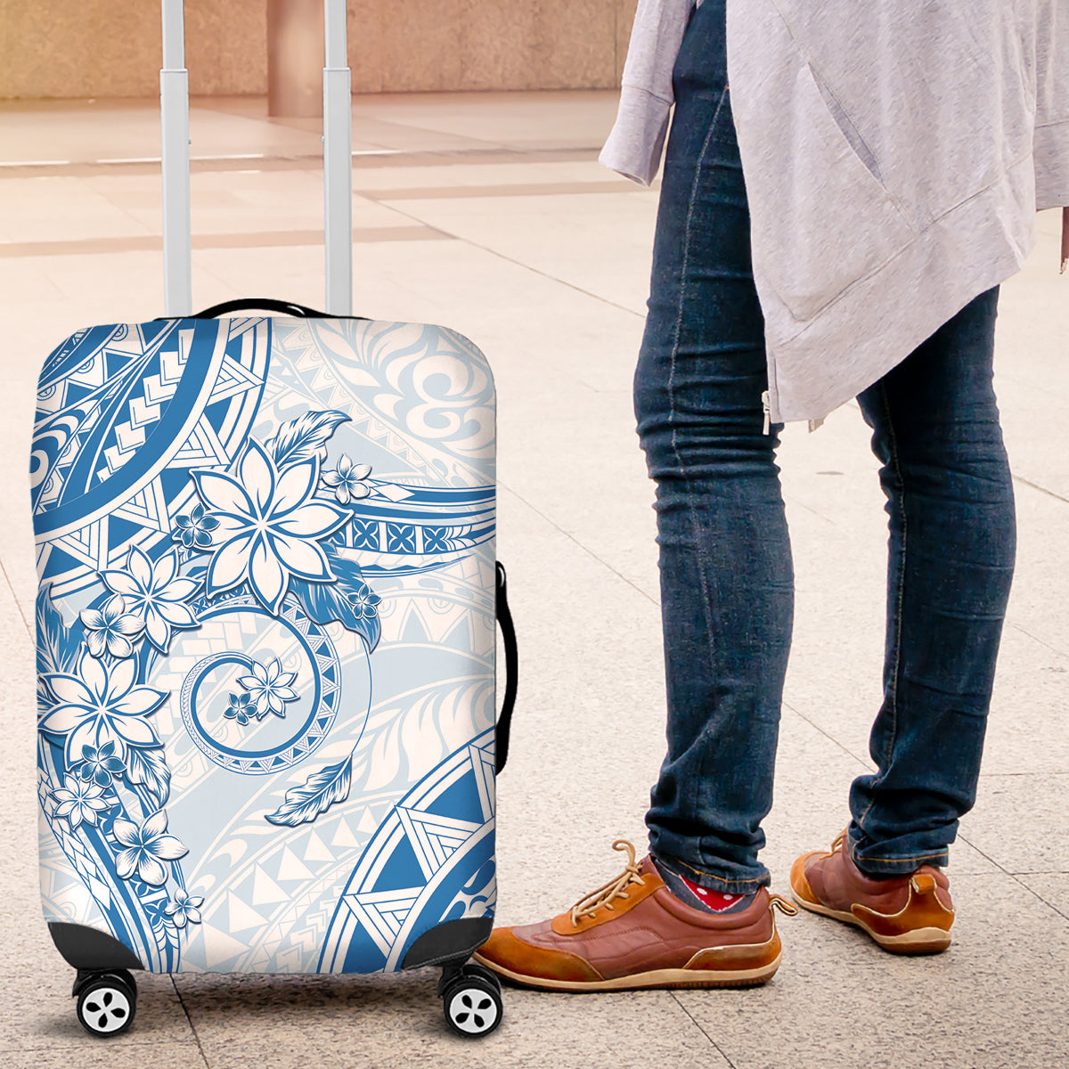 Polynesian Pattern With Plumeria Flowers Luggage Cover Blue