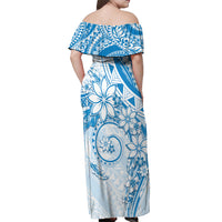 Polynesian Pattern With Plumeria Flowers Off Shoulder Maxi Dress Blue