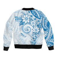 Polynesian Pattern With Plumeria Flowers Sleeve Zip Bomber Jacket Blue