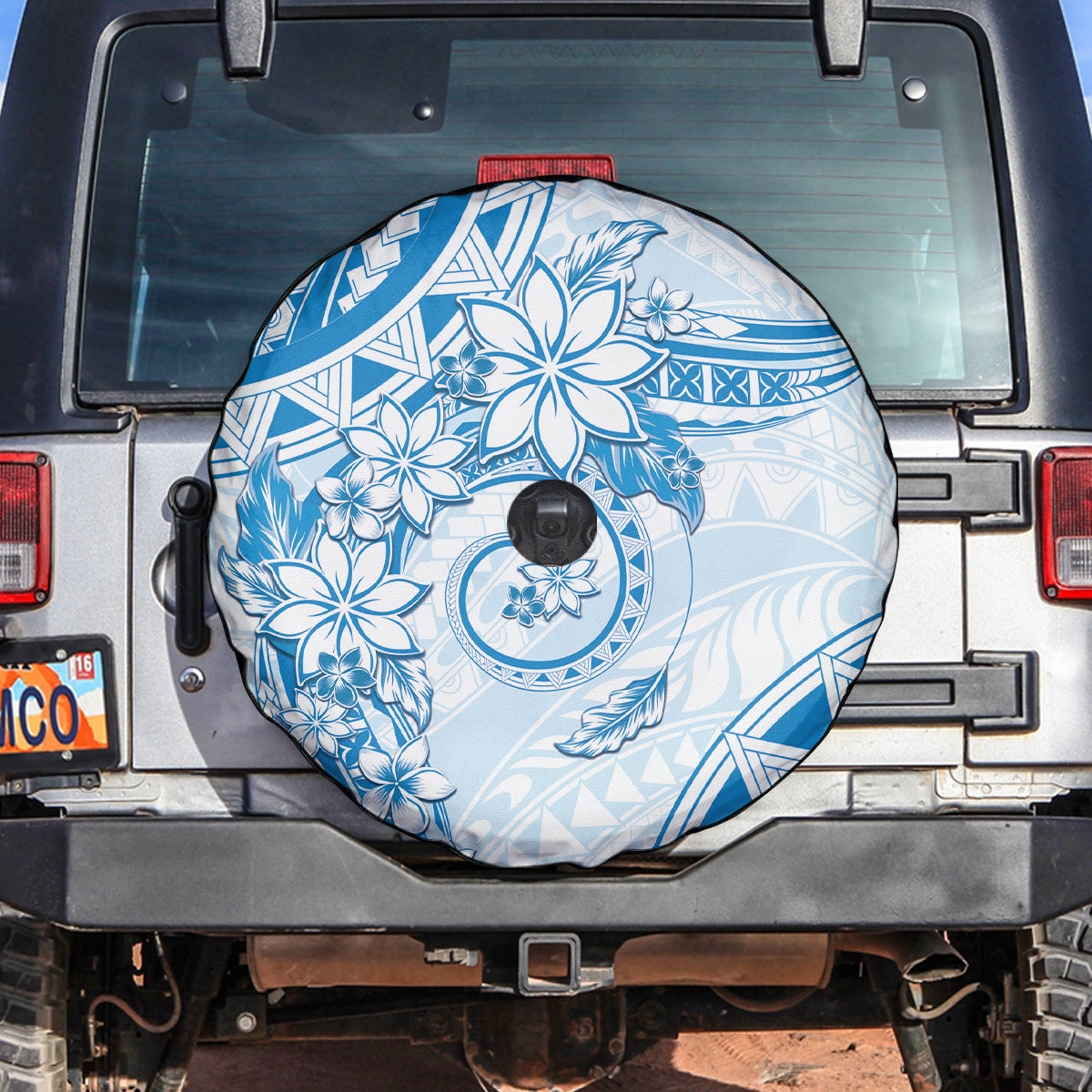 Polynesian Pattern With Plumeria Flowers Spare Tire Cover Blue