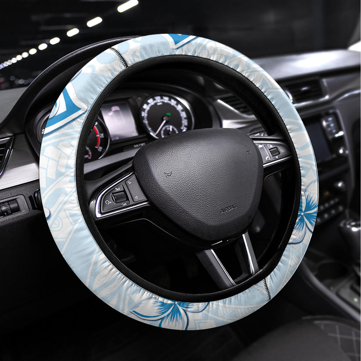 Polynesian Pattern With Plumeria Flowers Steering Wheel Cover Blue