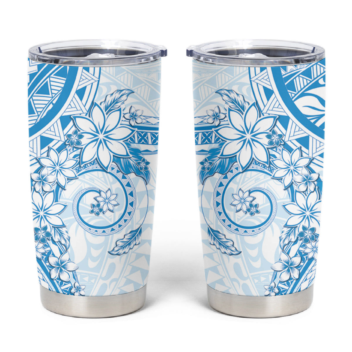 Blue Polynesian Pattern With Plumeria Flowers Tumbler Cup