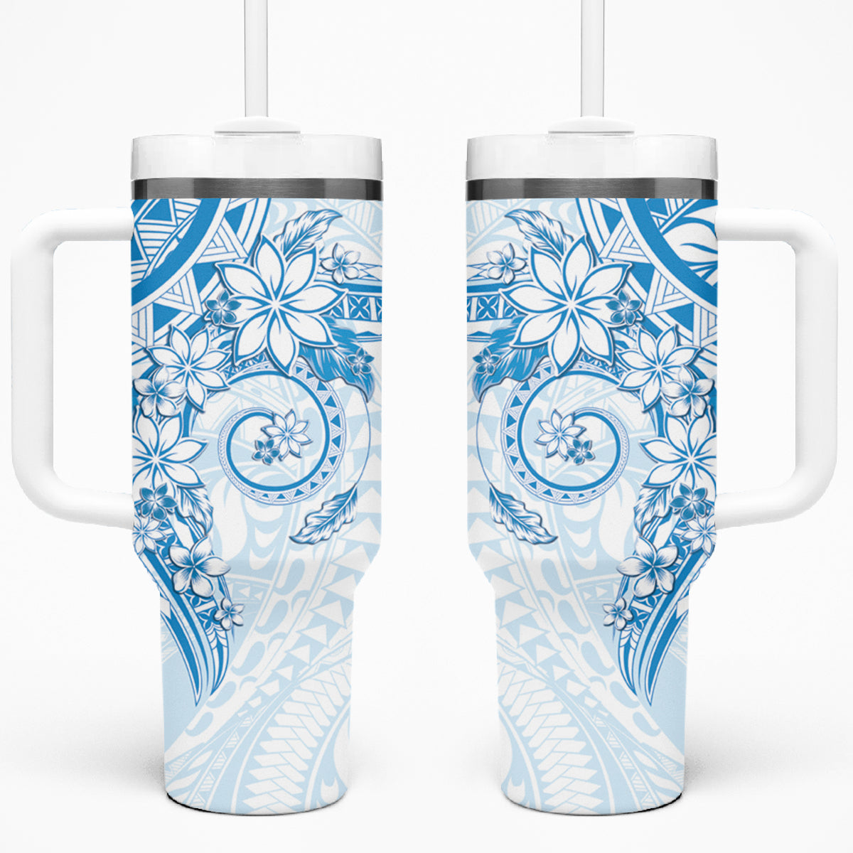 Blue Polynesian Pattern With Plumeria Flowers Tumbler With Handle