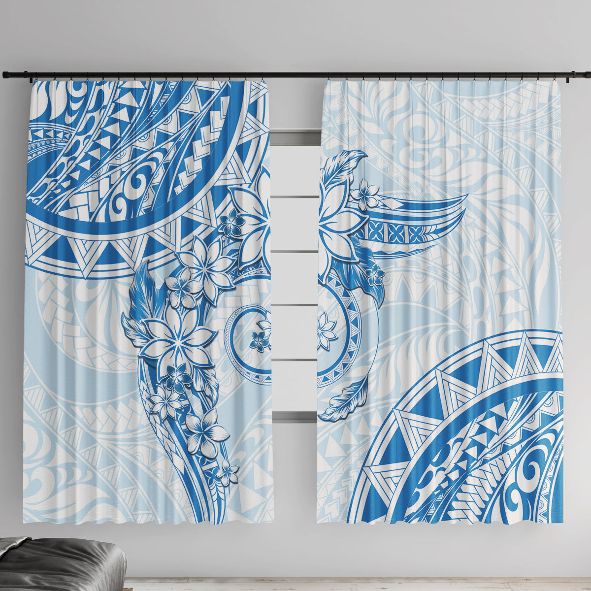 Polynesian Pattern With Plumeria Flowers Window Curtain Blue