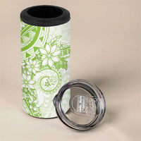 Lime Green Polynesian Pattern With Plumeria Flowers 4 in 1 Can Cooler Tumbler
