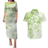 Polynesian Pattern With Plumeria Flowers Couples Matching Puletasi and Hawaiian Shirt Lime Green