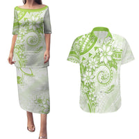 Polynesian Pattern With Plumeria Flowers Couples Matching Puletasi and Hawaiian Shirt Lime Green LT05 Lime Green - Polynesian Pride