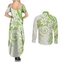 Polynesian Pattern With Plumeria Flowers Couples Matching Summer Maxi Dress and Long Sleeve Button Shirt Lime Green