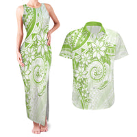 Polynesian Pattern With Plumeria Flowers Couples Matching Tank Maxi Dress and Hawaiian Shirt Lime Green
