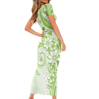 Polynesian Pattern With Plumeria Flowers Family Matching Short Sleeve Bodycon Dress and Hawaiian Shirt Lime Green