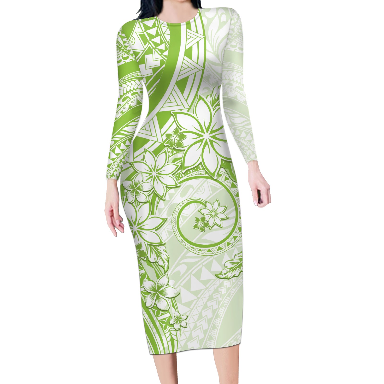 Polynesian Pattern With Plumeria Flowers Long Sleeve Bodycon Dress Lime Green