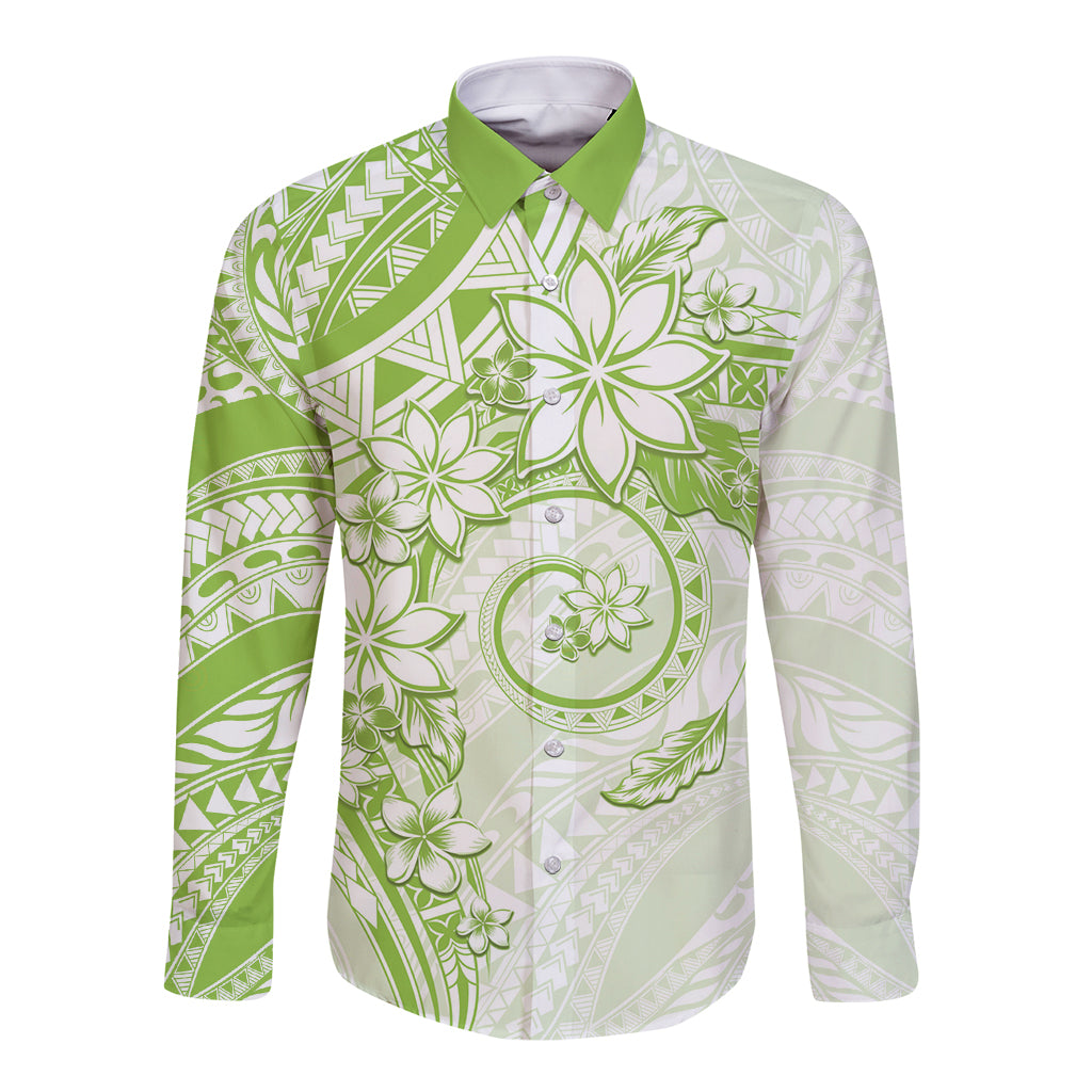 Polynesian Pattern With Plumeria Flowers Long Sleeve Button Shirt Lime Green