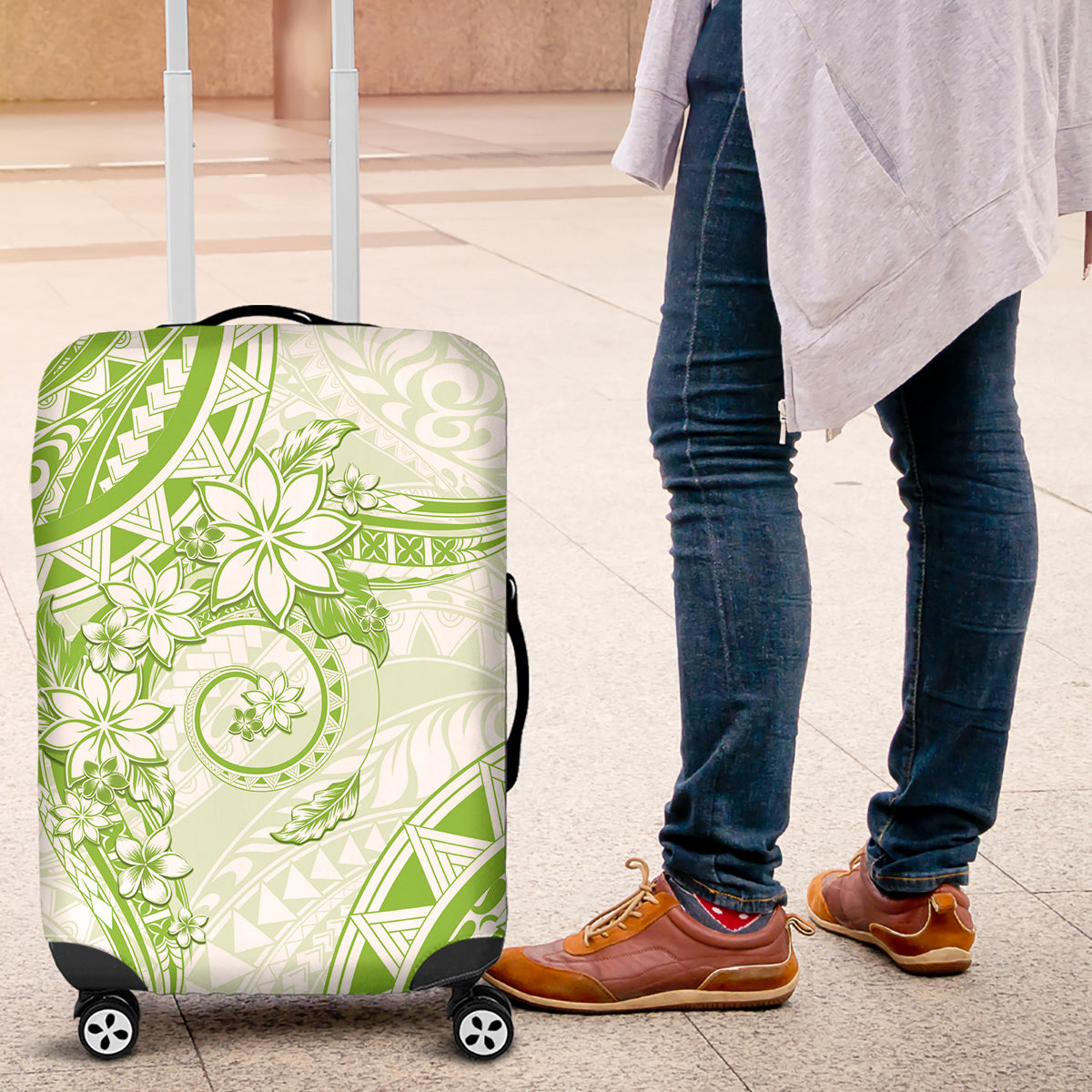Polynesian Pattern With Plumeria Flowers Luggage Cover Lime Green