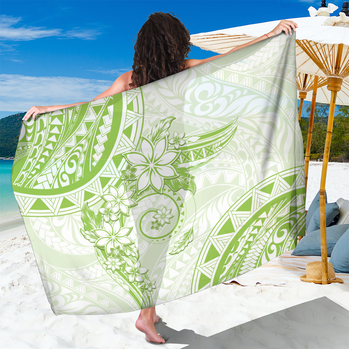 Polynesian Pattern With Plumeria Flowers Sarong Lime Green
