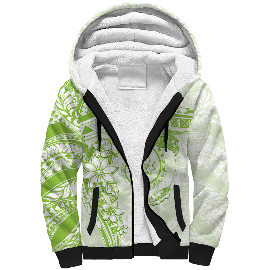 Polynesian Pattern With Plumeria Flowers Sherpa Hoodie Lime Green