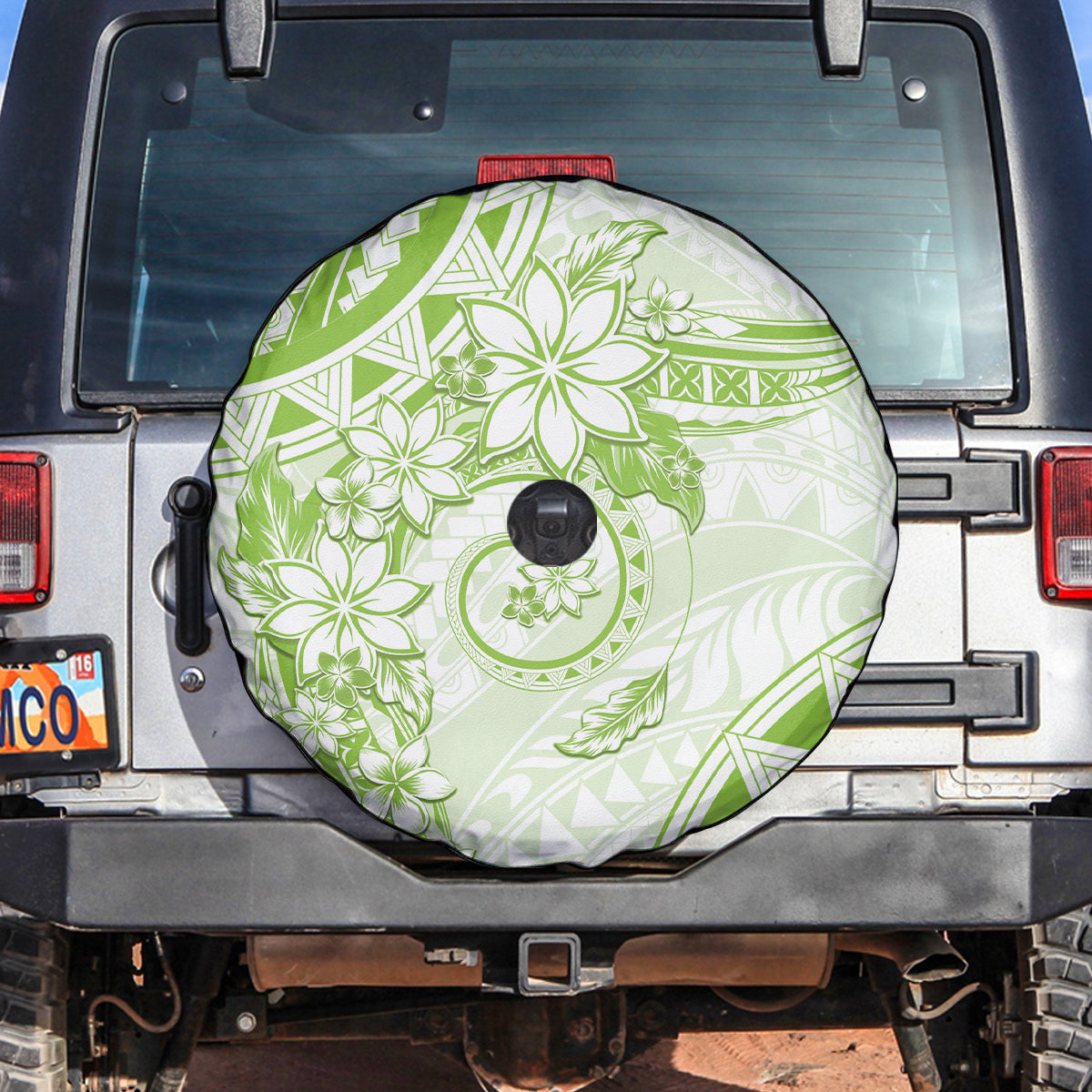 Polynesian Pattern With Plumeria Flowers Spare Tire Cover Lime Green