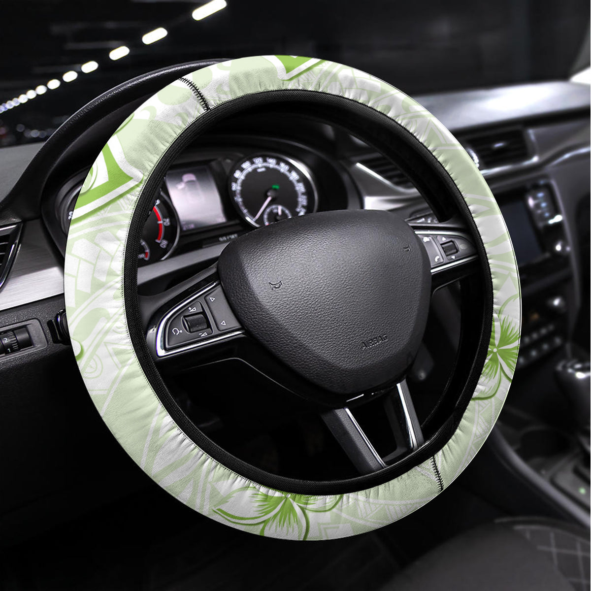 Polynesian Pattern With Plumeria Flowers Steering Wheel Cover Lime Green