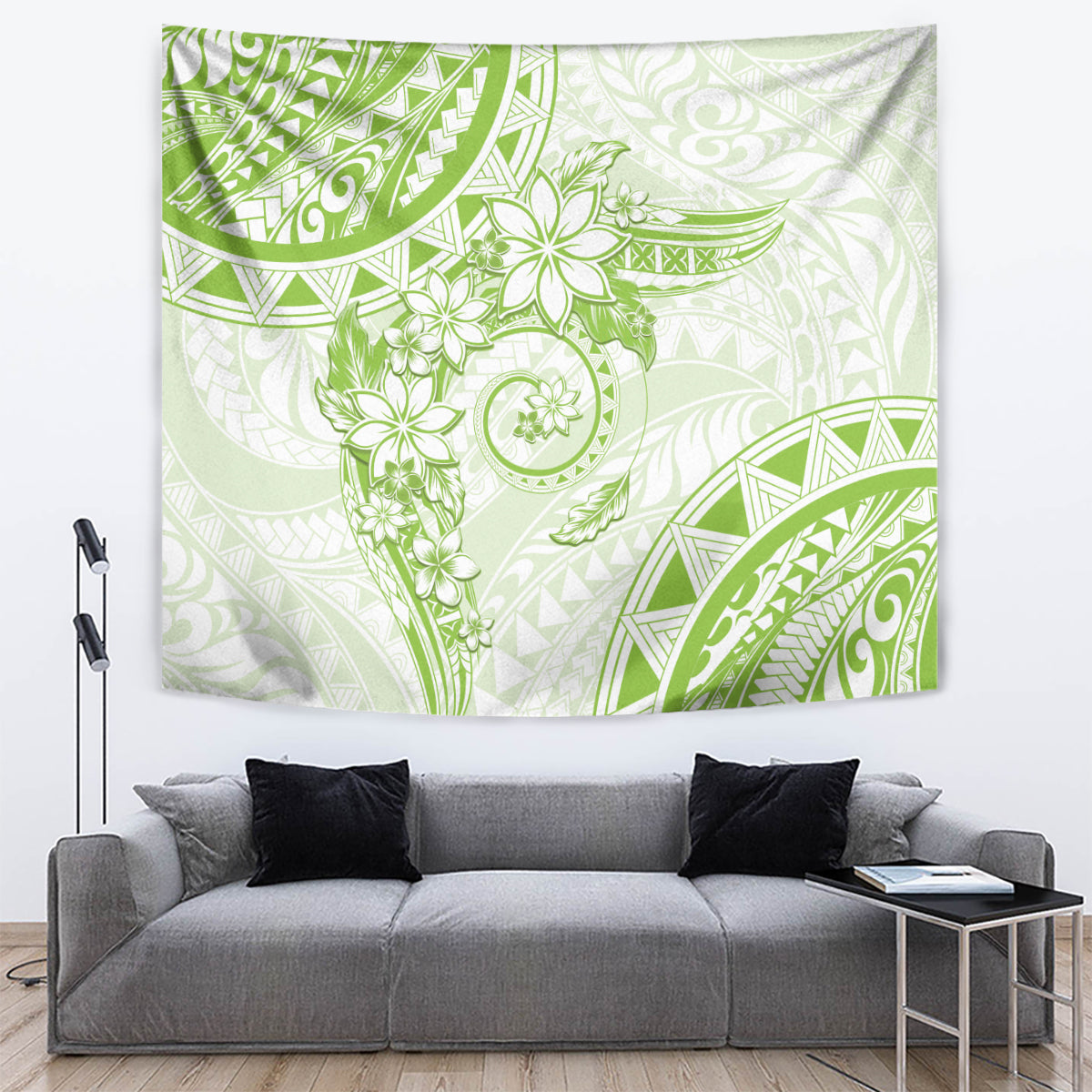 Polynesian Pattern With Plumeria Flowers Tapestry Lime Green