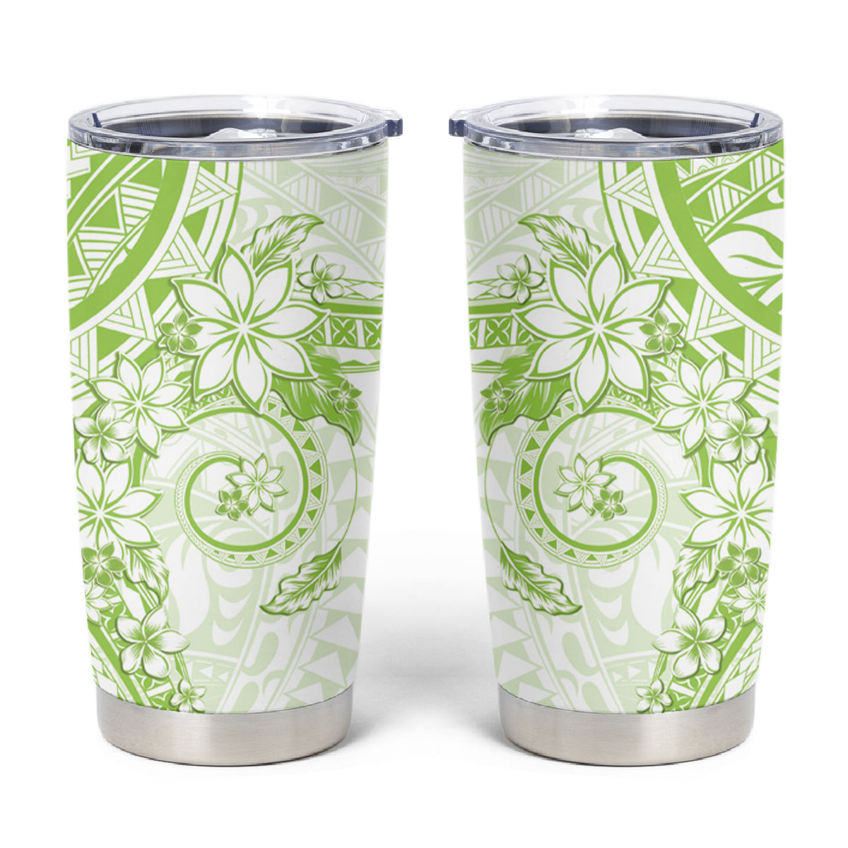 Lime Green Polynesian Pattern With Plumeria Flowers Tumbler Cup