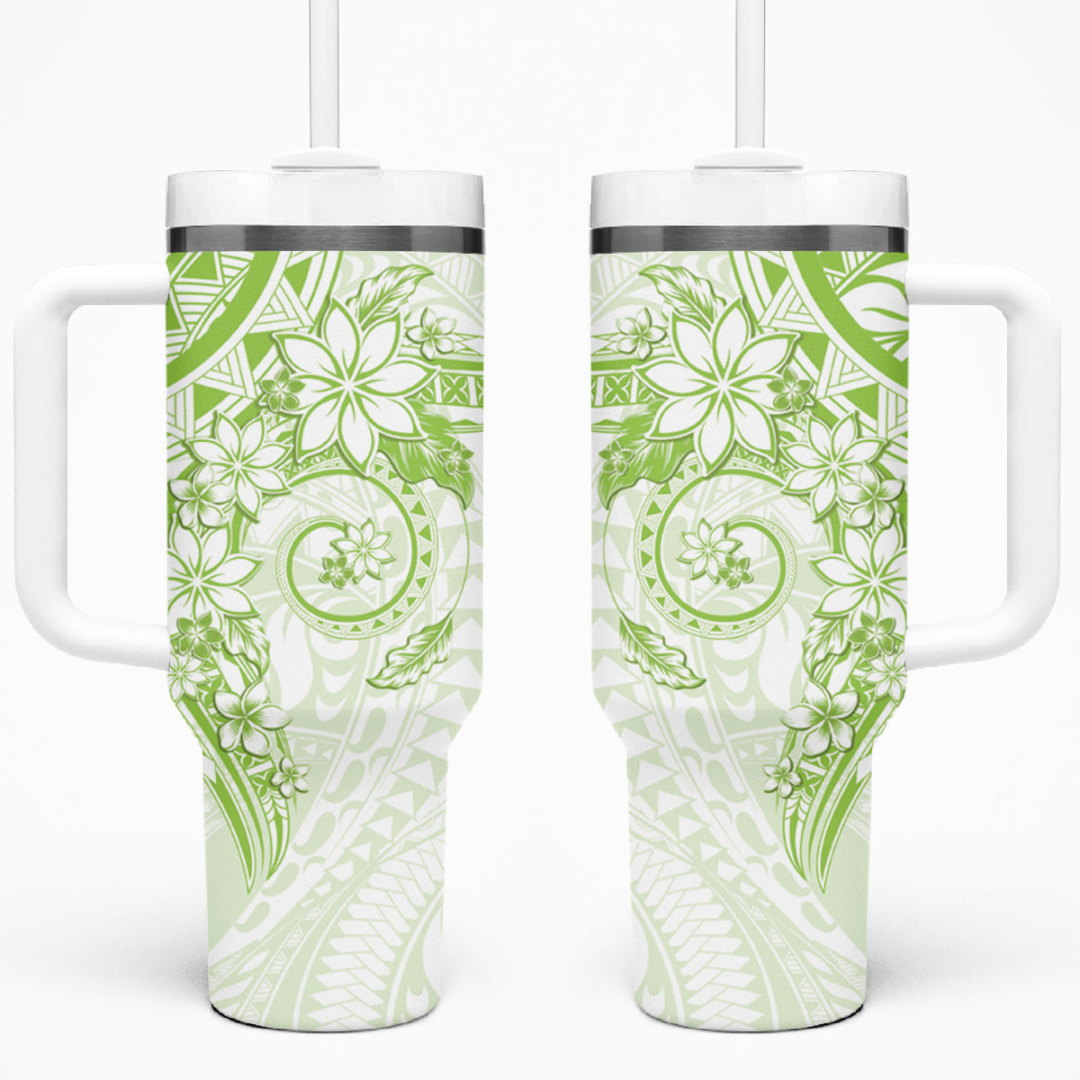 Lime Green Polynesian Pattern With Plumeria Flowers Tumbler With Handle