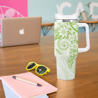 Lime Green Polynesian Pattern With Plumeria Flowers Tumbler With Handle