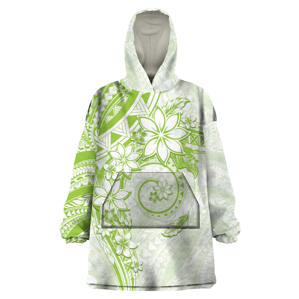 Polynesian Pattern With Plumeria Flowers Wearable Blanket Hoodie Lime Green